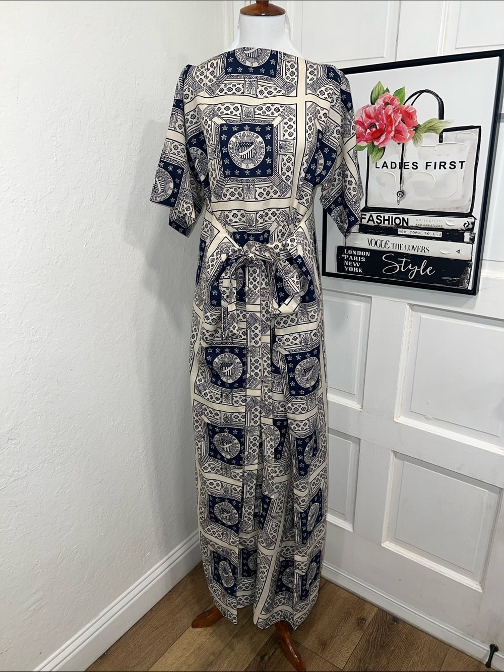 Vintage Frankie Welch Print Maxi Dress RTM